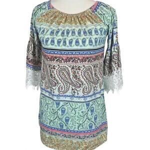 Vintage Womens Tunic Top Lace Paisley Floral BoHo Hippie Crochet Festival‎ S/M